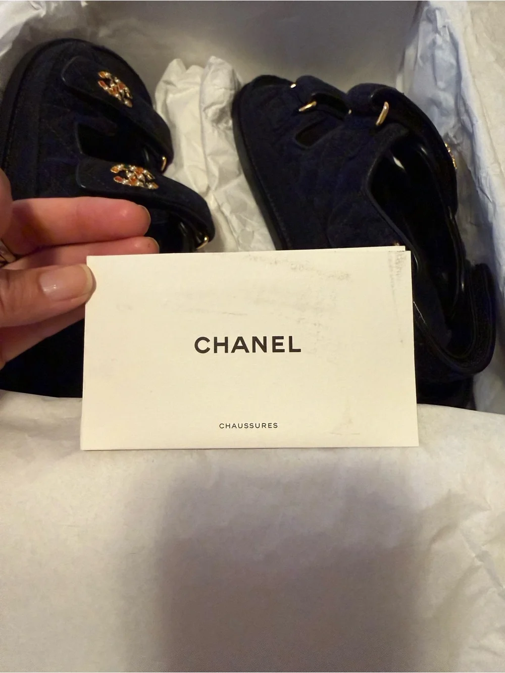 CHANEL Navy Denim CC Logo Velcro Sandals
